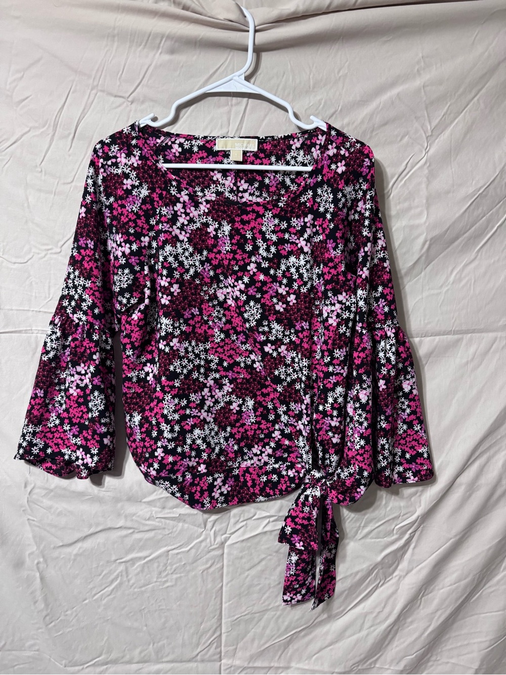 Michael Kors Hot Pink Black & White Floral Side-Tie Blouse